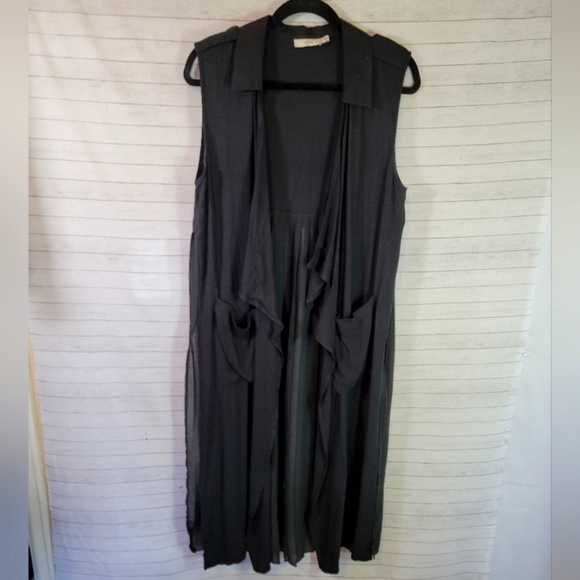LUSH SLEEVELESS SHEER BLACK DUSTER W FRONT POCKETS, SZ MEDIUM - Picture 1 of 13